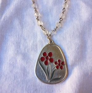 Burgundy and Silver Flower Pendant Necklace